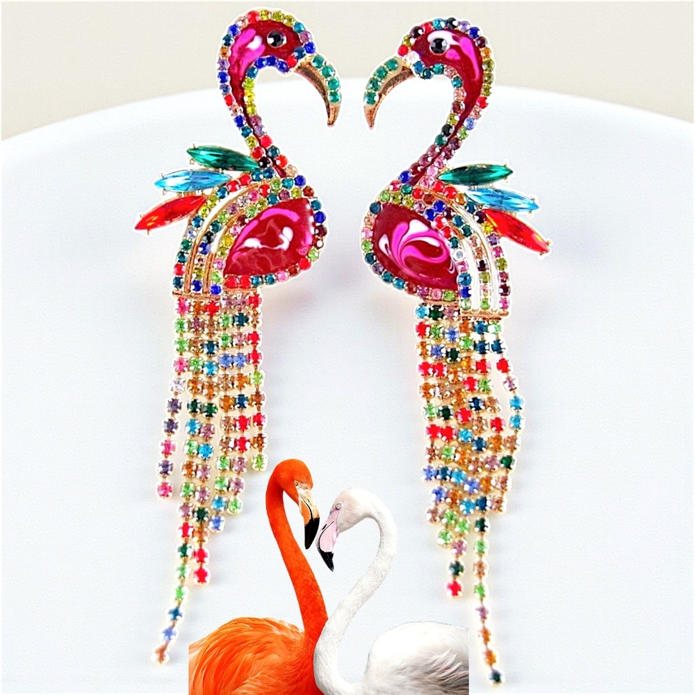 Gold-plated Multicolor Crystal Flamingo Earrings With Silver Post
